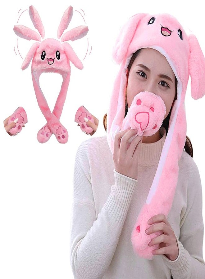 Optifit Plush Animal Bunny Dancing Ears Hat, Rabbit Moving Ear Flaps and Press Paws for Girls Women Kids,Pink - Image 1